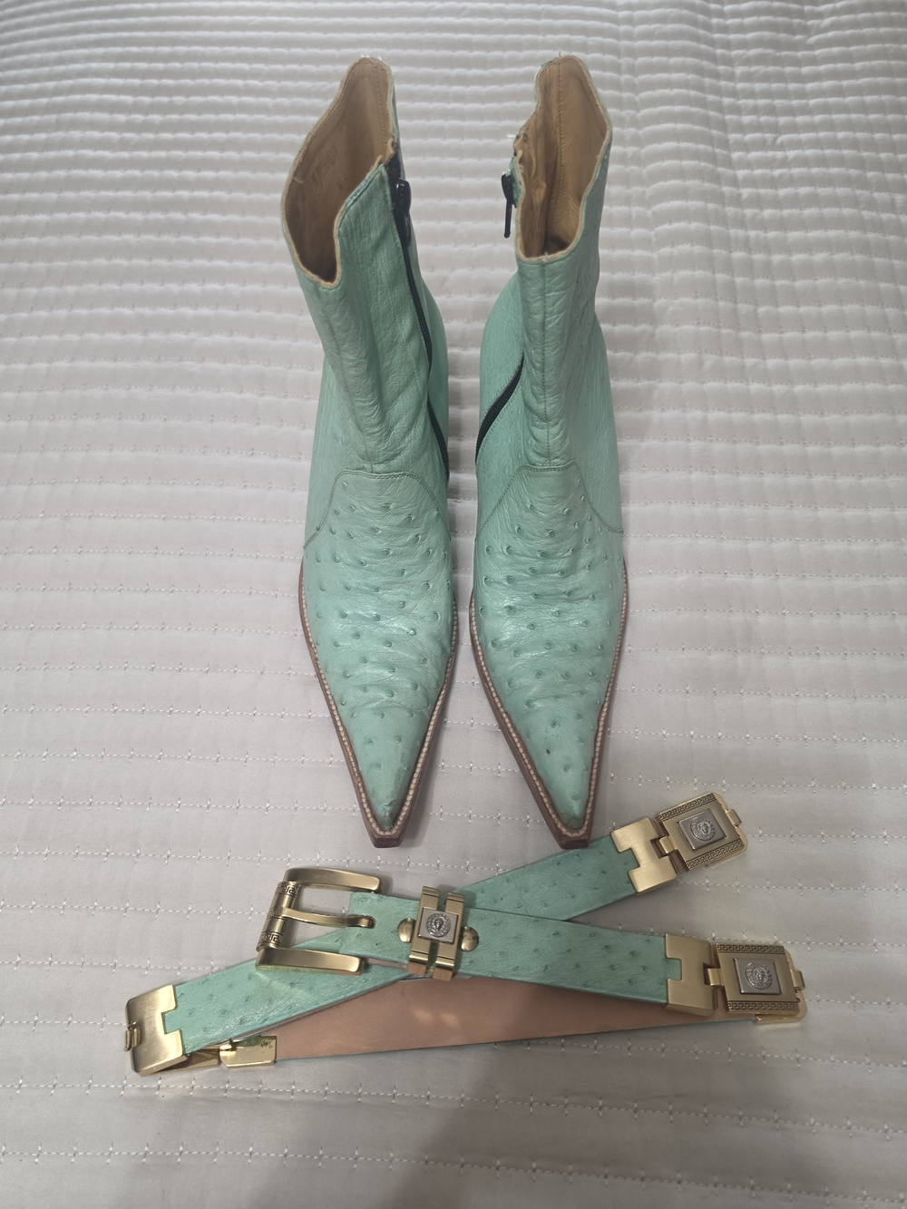 Mint Green Authentic Ostrich Leather Pointed Ankle Boots with Matching Belt